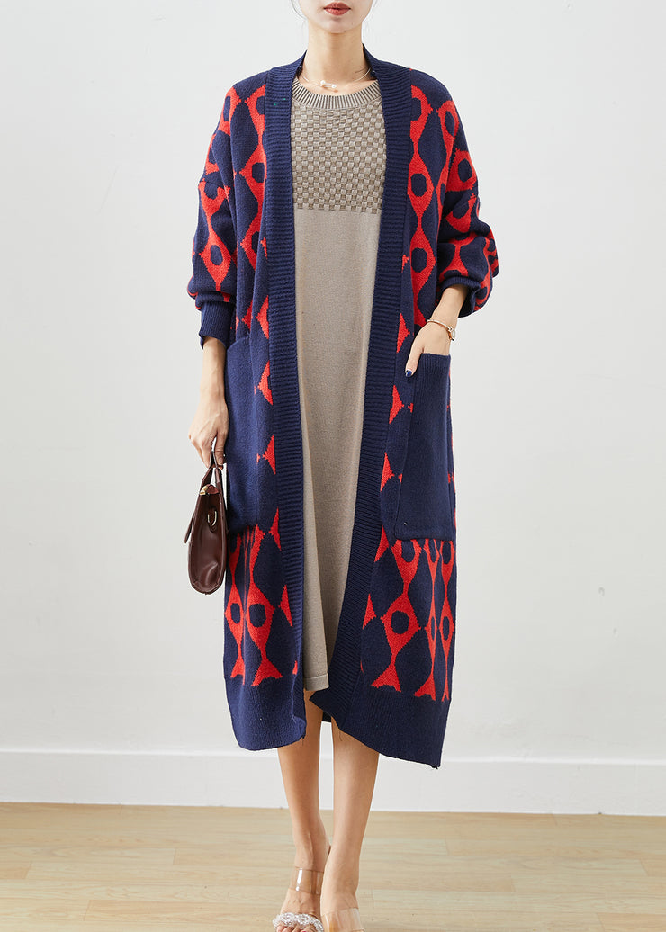 Navy Print Knit Cardigan Oversized Pockets Fall