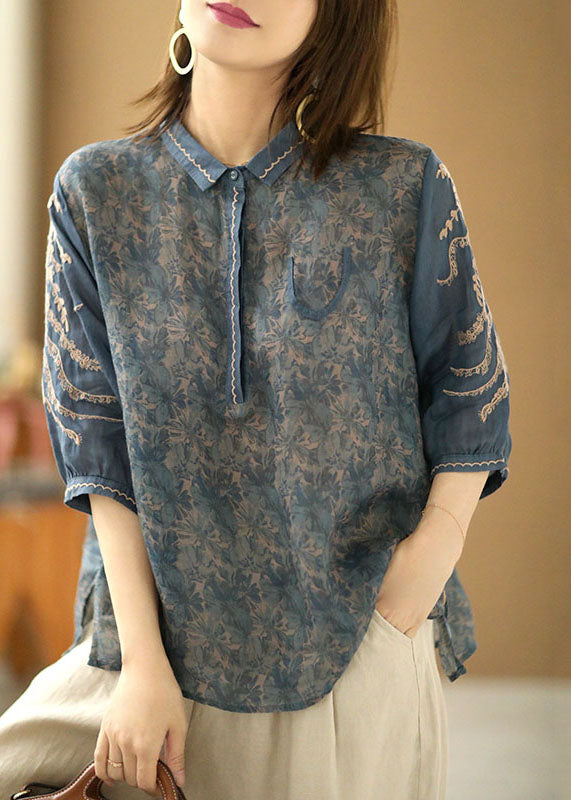 Navy Print Linen Shirts Turn-down Collar Embroideried Half Sleeve