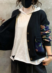 Navy Print Patchwork Warm Fleece Coat V Neck Long Sleeve