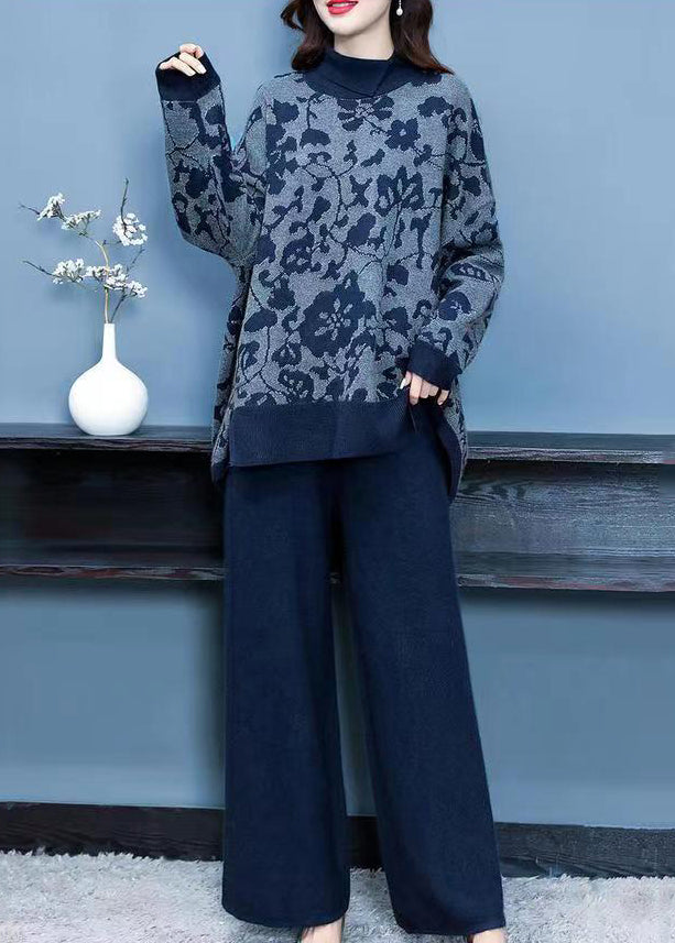 Navy Print Patchwork Woolen Two Piece Suit Set Asymmetrical Fall