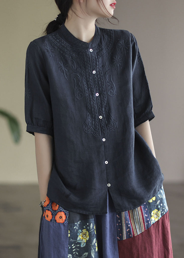 Navy 2024 Cotton Shirts Stand Collar Embroideried Half Sleeve