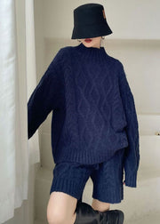 Navy cozy Casual Knit Two Pieces Set Winter