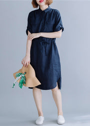 Navy side open Button Pockets Shirt Dress Short Sleeve