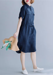 Navy side open Button Pockets Shirt Dress Short Sleeve