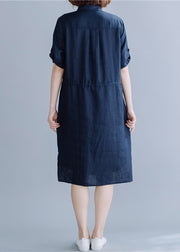 Navy side open Button Pockets Shirt Dress Short Sleeve