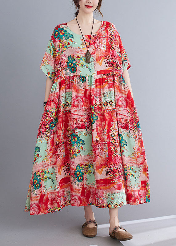 Neck Floral Loose Bohemian Casual Summer Dress For Women