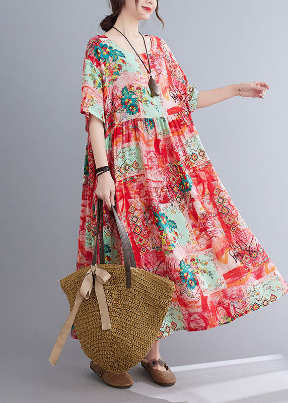 Neck Floral Loose Bohemian Casual Summer Dress For Women