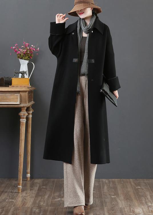 New  Loose fitting long coat winter coats black lapel pockets woolen coats - bagstylebliss