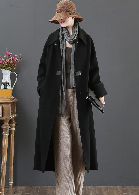 New  Loose fitting long coat winter coats black lapel pockets woolen coats - bagstylebliss