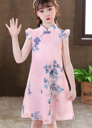 New Apricot Ruffled Print Chinese Button Patchwork Chiffon Baby Girls Dresses Summer