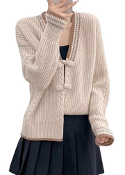 New Apricot V Neck Button Patchwork Knit Sweater Coats Long Sleeve