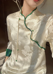 New Beige Chinese Button Side Open Silk Top Fall