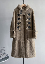 New Beige Ox Horn Button Pocket Hooded Wool Coat Winter