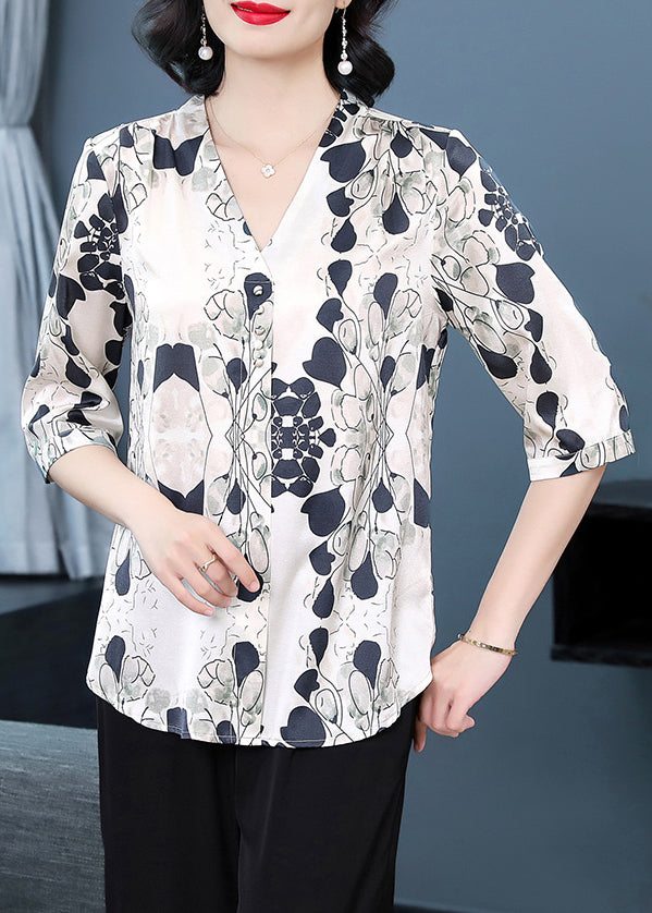 New Beige V Neck Print Patchwork Silk Tops Half Sleeve