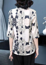 New Beige V Neck Print Patchwork Silk Tops Half Sleeve