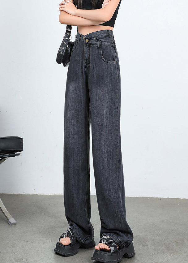 New Black Asymmetrical Button High Waist Straight Pants