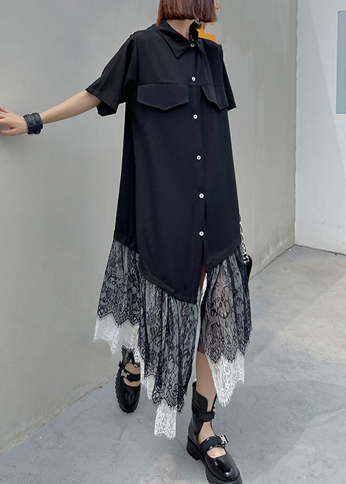 New Black Asymmetrical Button Lace Patchwork Shirts Long Dresses Summer