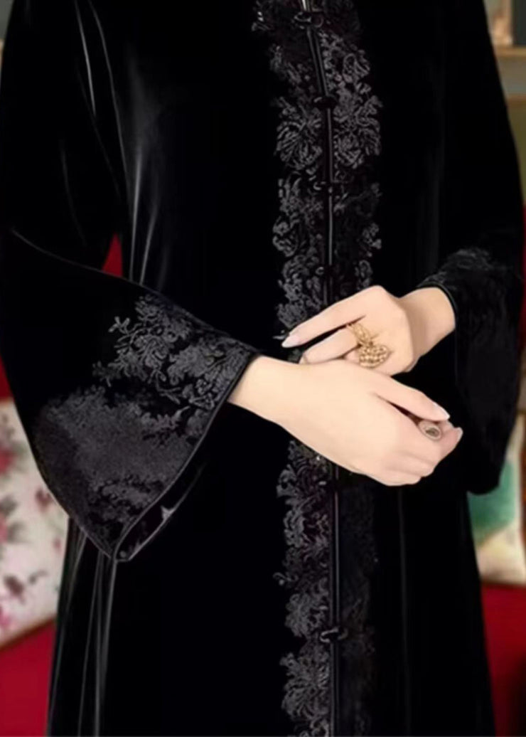 New Black Embroidered Button Fleece Long Dresses Flare Sleeve