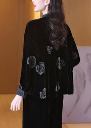 New Black Lace Up Print Wrinkled Silk Velour Shirt Long Sleeve