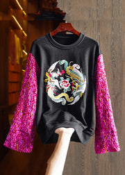 New Black O Neck Embroidered Patchwork Cotton Sweatshirts Fall