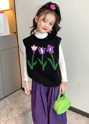 New Black O Neck Patchwork Knit Girls Waistcoat Sleeveless