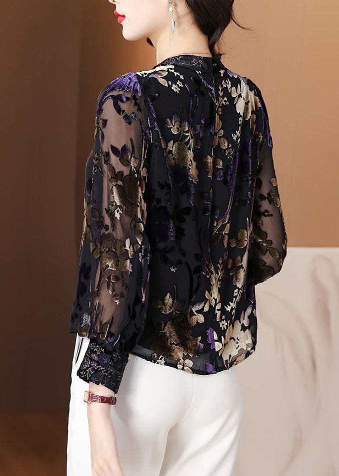 New Black O-Neck Print Patchwork Silk Velour Blouses Spring