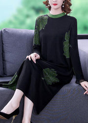 New Black O Neck Print Pockets Knitting Cotton Dresses Long Sleeve