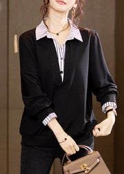 New Black Peter Pan Collar Button Patchwork Cotton Tops Long Sleeve