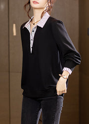 New Black Peter Pan Collar Button Patchwork Cotton Tops Long Sleeve