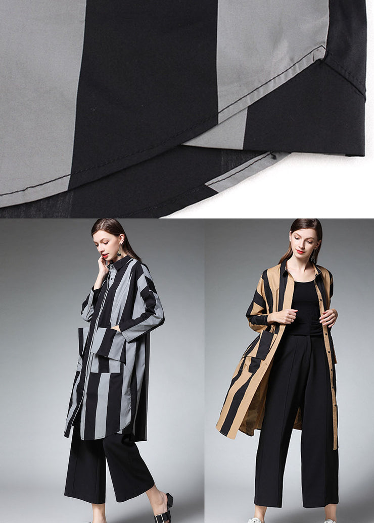 New Black Striped Button Pockets Long Coat