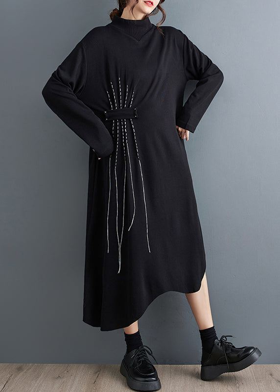 New Black Turtleneck Asymmetrical Cotton Long Dresses Fall