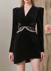 New Black V Neck Lace Patchwork Silk Velour Mid Dress Long Sleeve