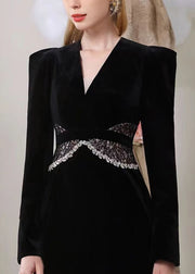 New Black V Neck Lace Patchwork Silk Velour Mid Dress Long Sleeve