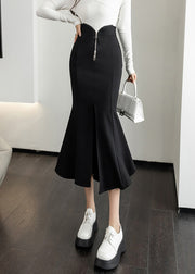 New Black Zippered Side Open High Waist Cotton Skirt Fall