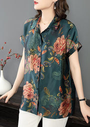 New Blackish Green Peter Pan Collar Print Silk Shirt Summer