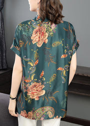 New Blackish Green Peter Pan Collar Print Silk Shirt Summer