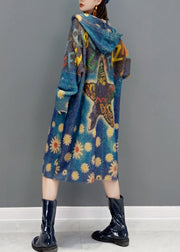 New Blue Hooded Pockets Print Knit Sweater Coat Winter