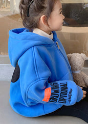 New Blue Hooded Zippered Graphic Cotton Baby Girls Coat Spring