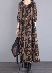 New Blue O Neck Print Wrinkled Patchwork Cotton Long Dress Fall