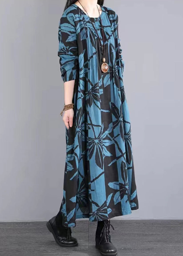 New Blue O Neck Print Wrinkled Patchwork Cotton Long Dress Fall