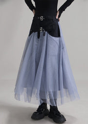 New Blue Pockets Elastic Waist Patchwork Tulle Skirt Summer