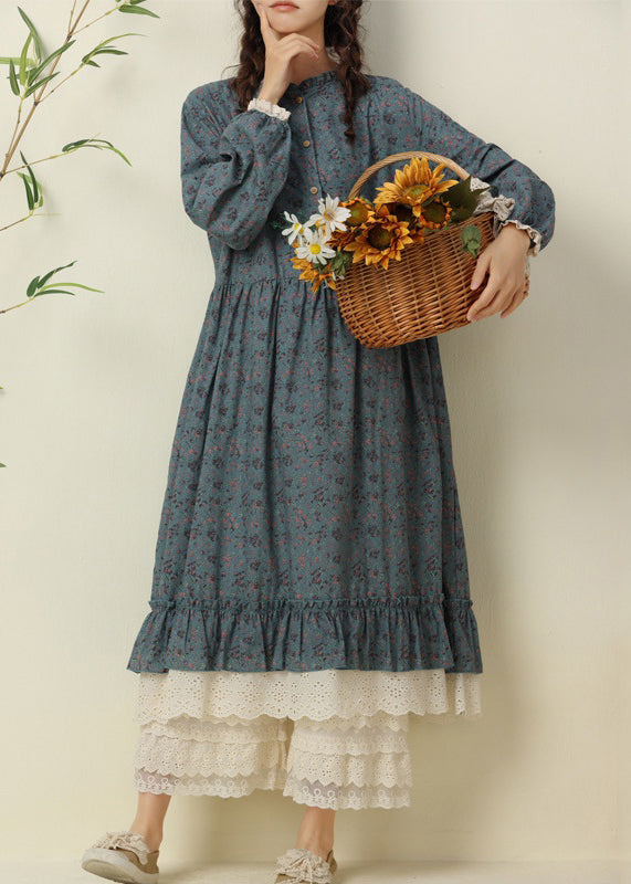 New Blue Print Lace Patchwork Cotton Long Dresses Spring