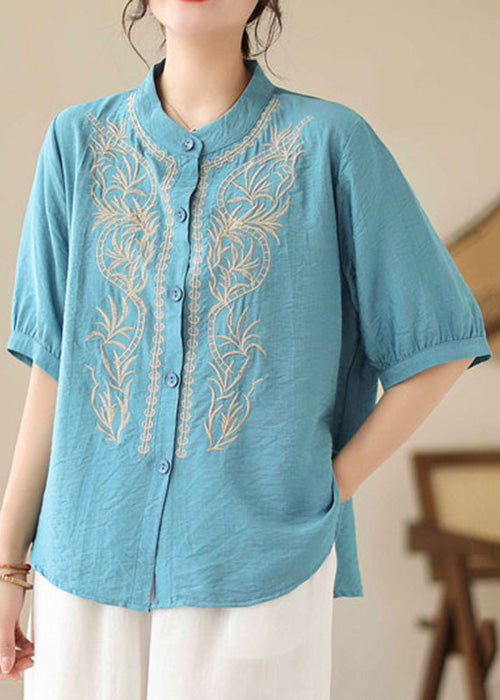 New Blue Stand Collar Button Embroideried Cotton Shirt Summer