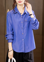 New Blue Striped Button Patchwork Cotton Shirts Long Sleeve