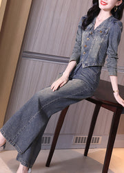 New Blue V Neck Coat And Wide Leg Pants Denim Two Piece Set Spring