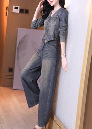 New Blue V Neck Coat And Wide Leg Pants Denim Two Piece Set Spring