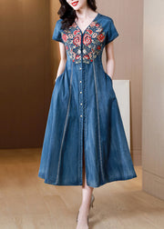 New Blue V Neck Embroidered Patchwork Denim Dress Summer