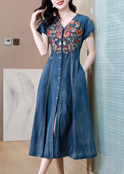 New Blue V Neck Embroidered Patchwork Denim Dress Summer