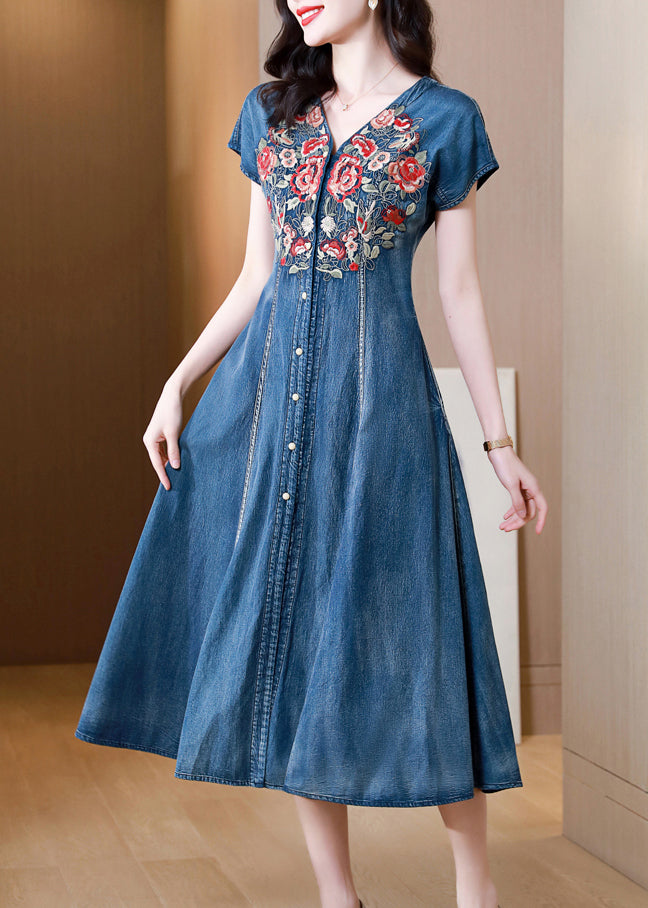 New Blue V Neck Embroidered Patchwork Denim Dress Summer