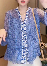 New Blue V Neck Print Chiffon Blouse Long Sleeve